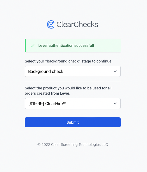 Clearchecks set up showing background check stage selector and Clearclire product selector.